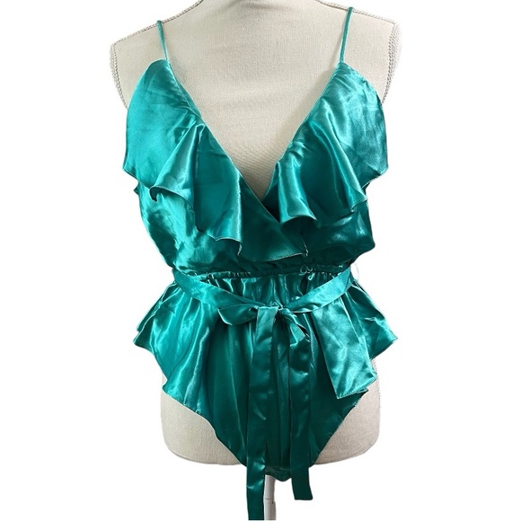 Victoria's Secret Other - Vintage Victoria's Secret teal satin ruffle cinched waist bodysuit size medium